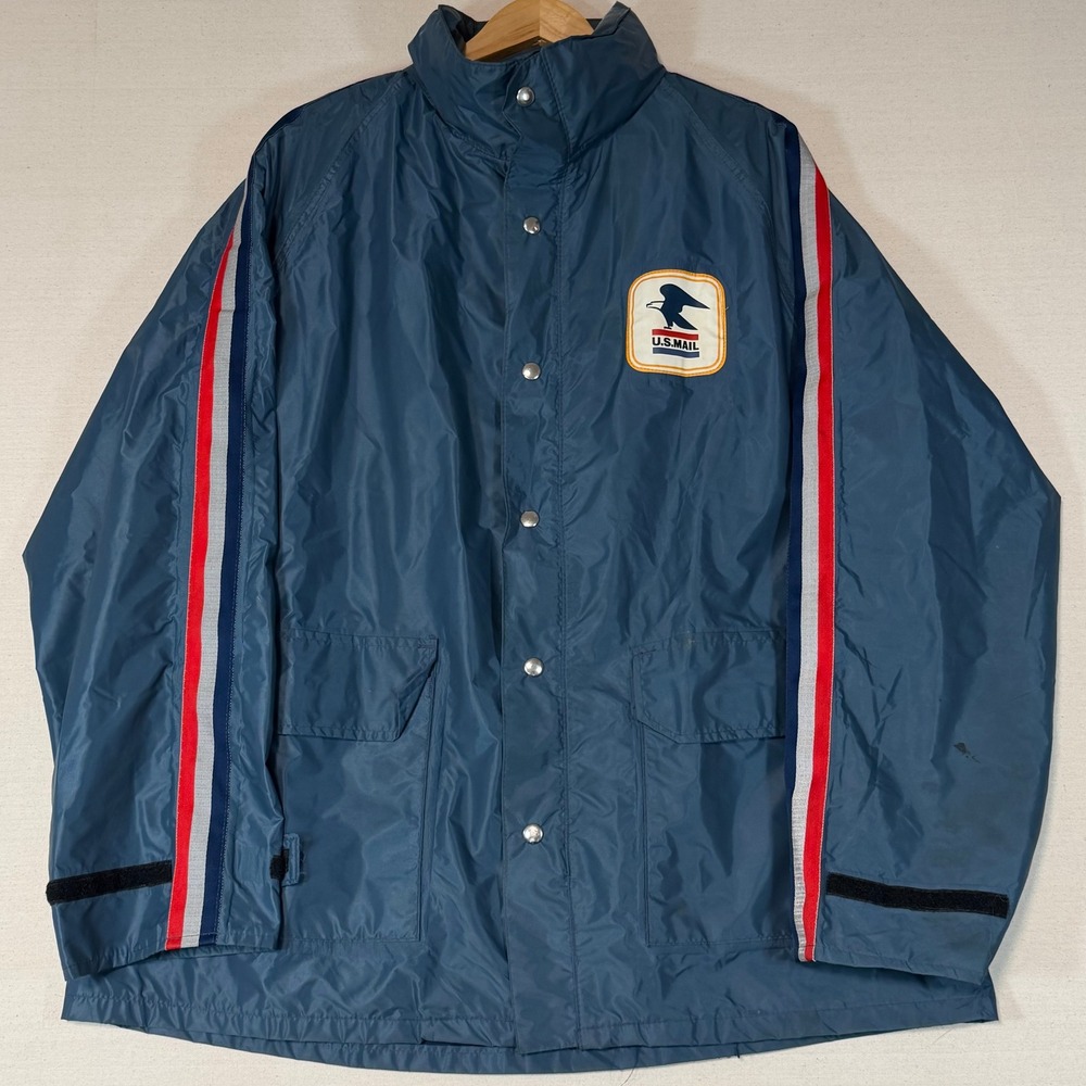 Vintage Rainfair USPS Mail Carrier Rain Jacket Blue Reflective Stripe Large USA